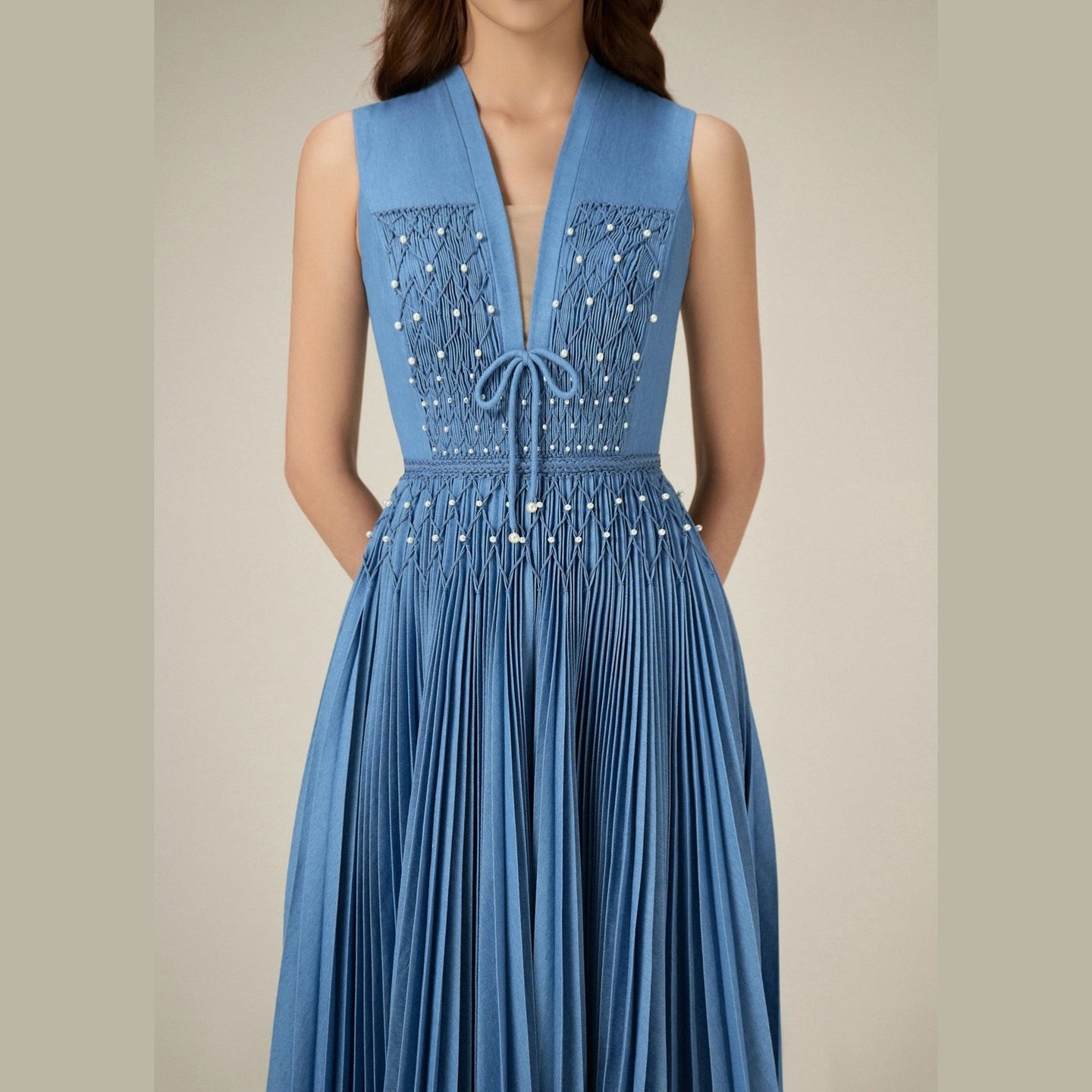 LINDA | Blue Denim Midi Pleated Dress pearls - Cielie